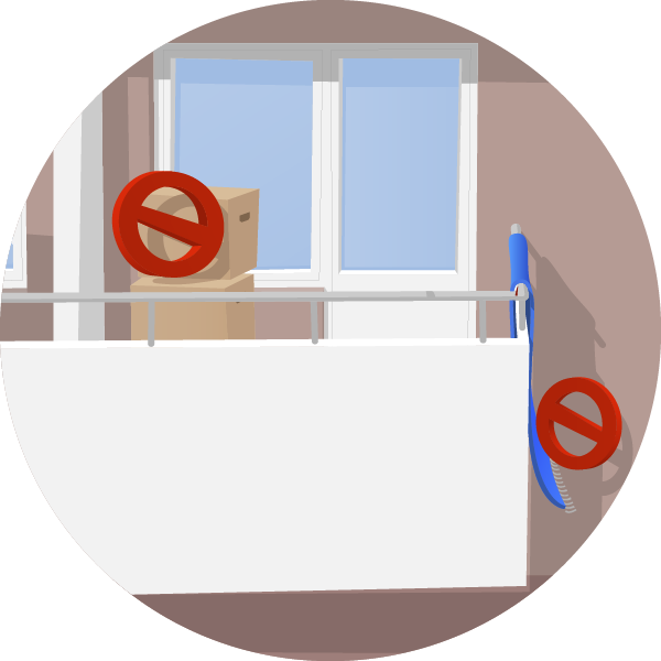 Flyttkartonger står staplade på balkongen och en matta hänger över räcket. Illustration.