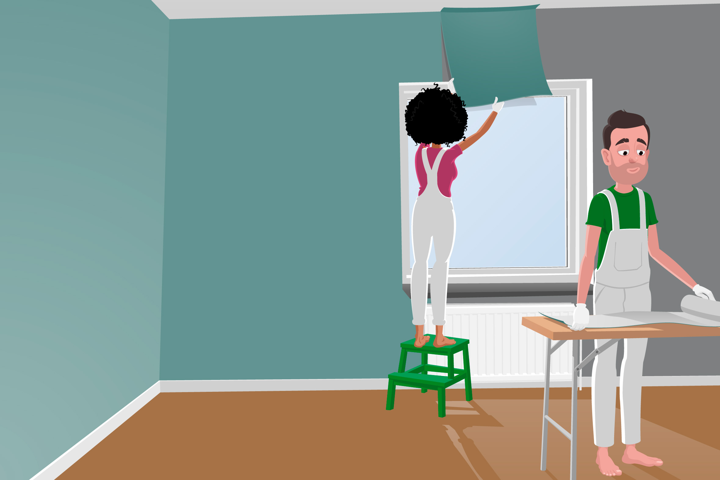 Två personer håller på att tapetsera ett rum. Illustration. 