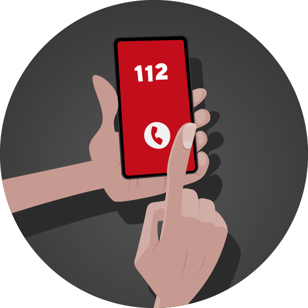 En person larmar och ringer 112 på mobiltelefonen. Illustration.