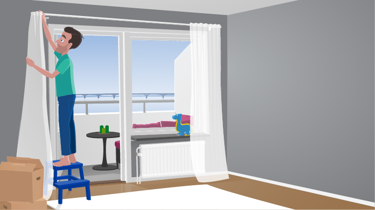 Man sätter upp gardiner och vädrar i lägenheten. Illustration.