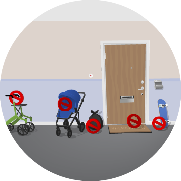 Rullator, barnvagn, soppåse, dörrmatta och skateboard står i trapphuset, där de inte får stå. Illustration.