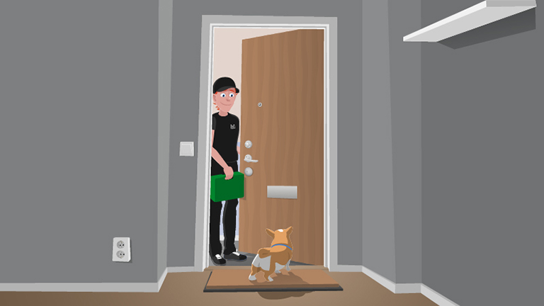 Entreprenör som besöker en hyresgäst som har hund. Illustration.