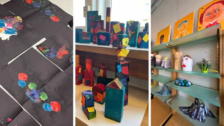 Kreativa konstverk från målarskolan i Nacksta. Foto.