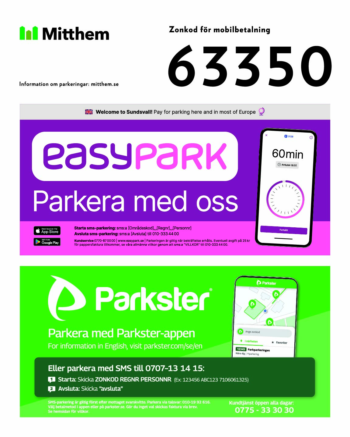 Skylt med information om hur man betalar parkering i Mitthems områden