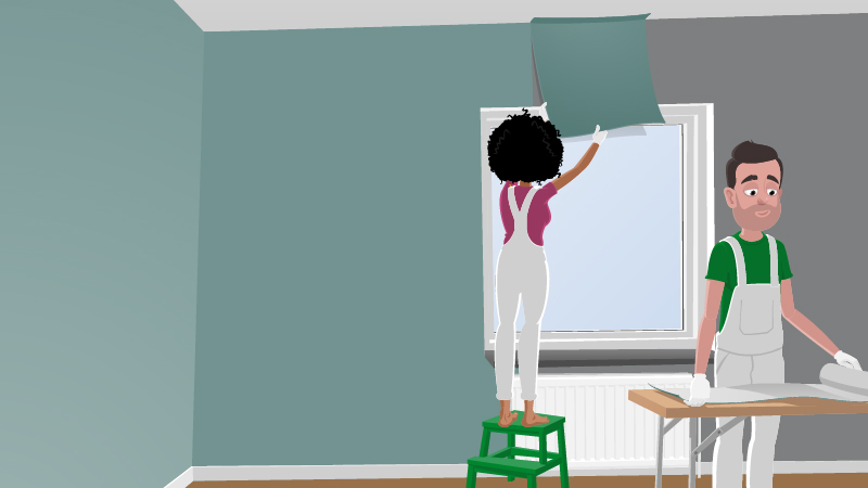 Två personer håller på att tapetsera ett rum. Illustration.